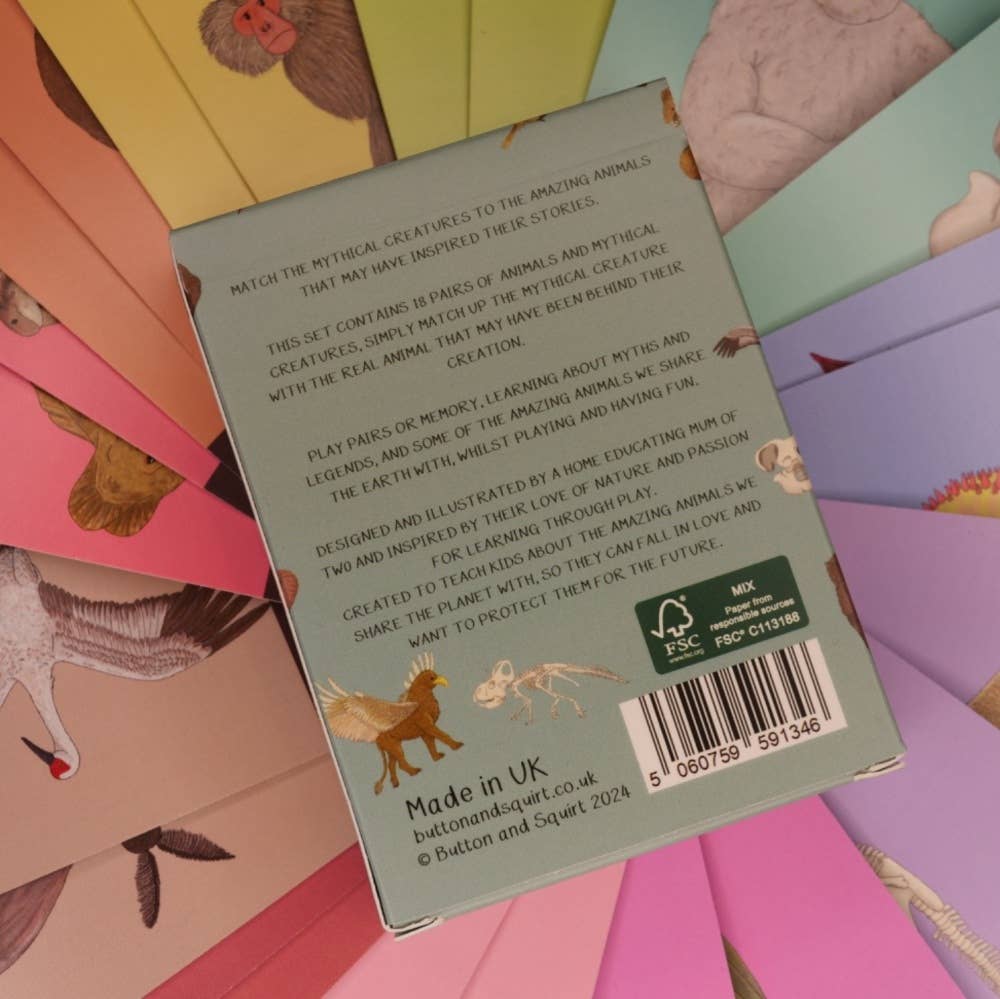 Back of the Mythical & Amazing Animals matching pairs cards with multi-print