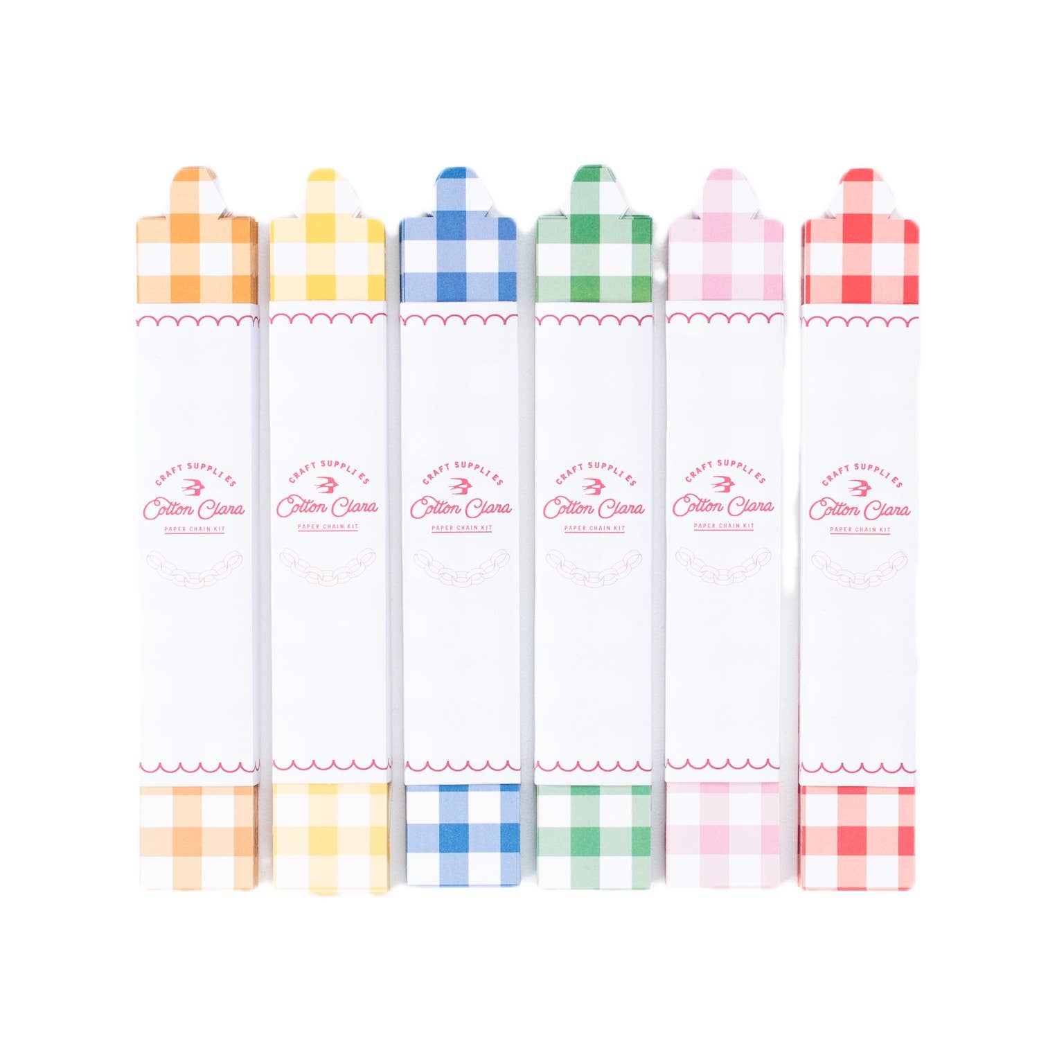 Festive gingham reusable paper chain kit with 48 pre-cut strips in assorted colours, no glue or tape needed, packaged in recyclable UK-made envelope