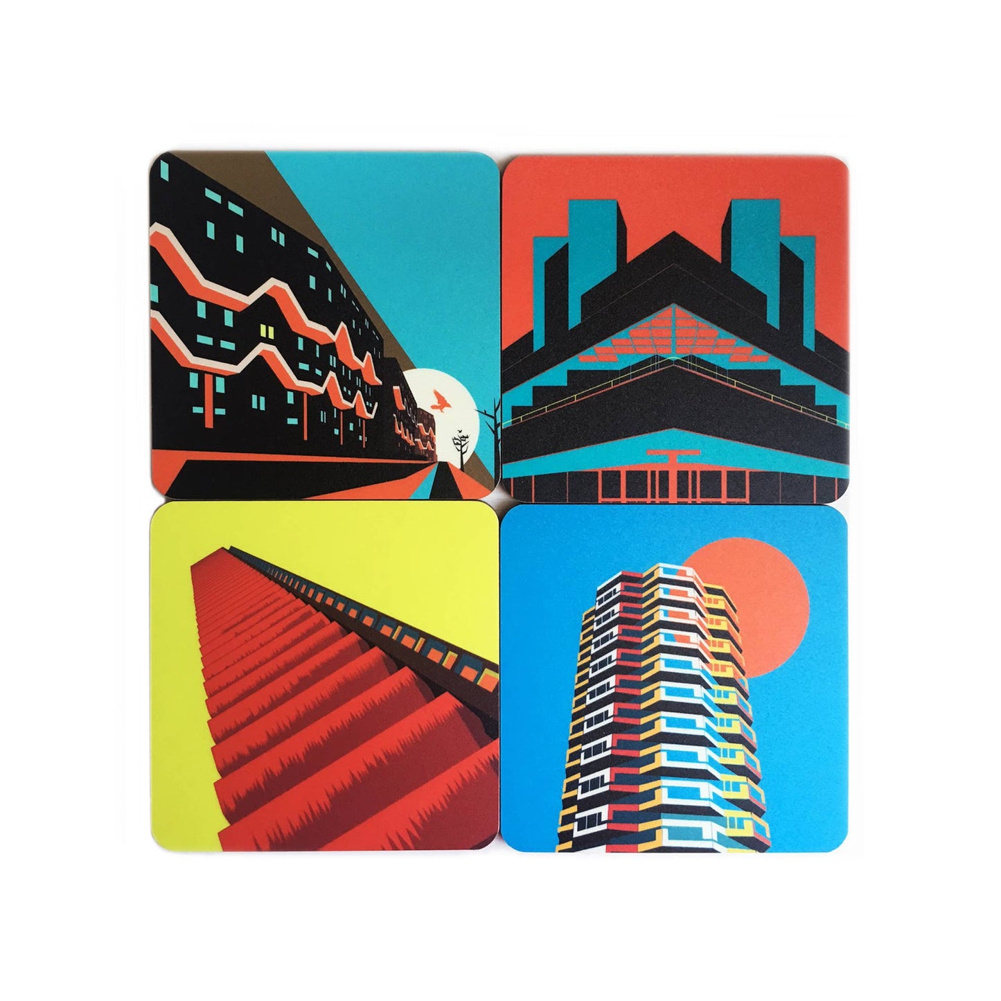 Brutalist London Coaster Set. Brutalist London Coaster Set. Set of 4 coasters featuring London Landmarks. Prints of Barbican, Brixton, Croydon and National Theatre. These coasters feature some of the most iconic Brutalist structures of London. One Croydon, the Barbican Tower, Southwyck House, Brixton and the National Theatre in South Bank.
Specs: The coasters measure 10 x 10cm, about 5mm thick. Cork backed hardboard, and matte laminated finish.