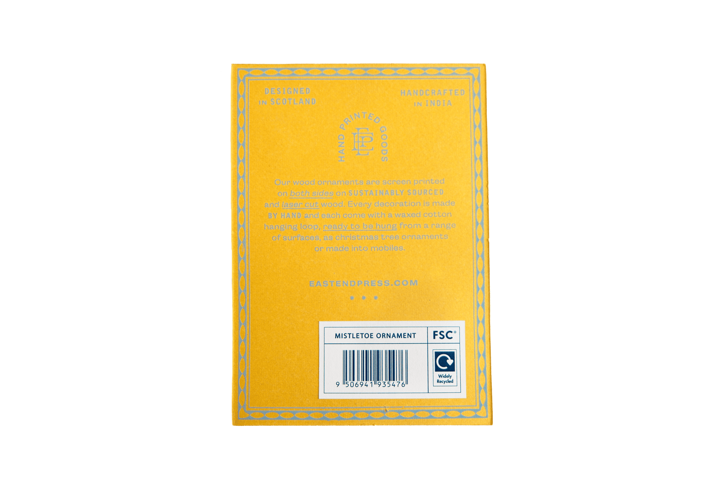 Hand screen printed Mistletoe Wooden Ornament by East End Press, sustainably certified plywood, double-sided festive decoration