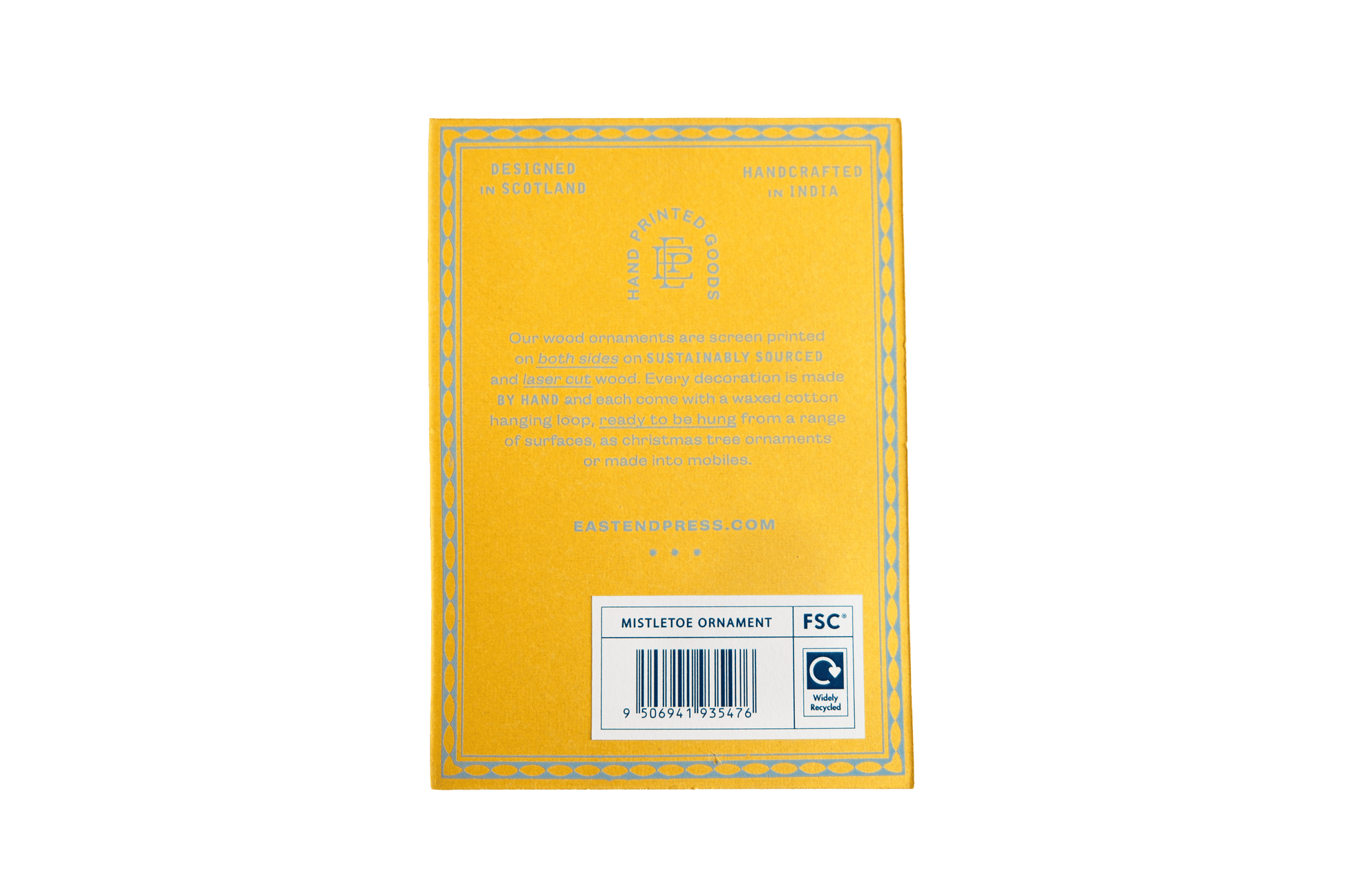 Hand screen printed Mistletoe Wooden Ornament by East End Press, sustainably certified plywood, double-sided festive decoration