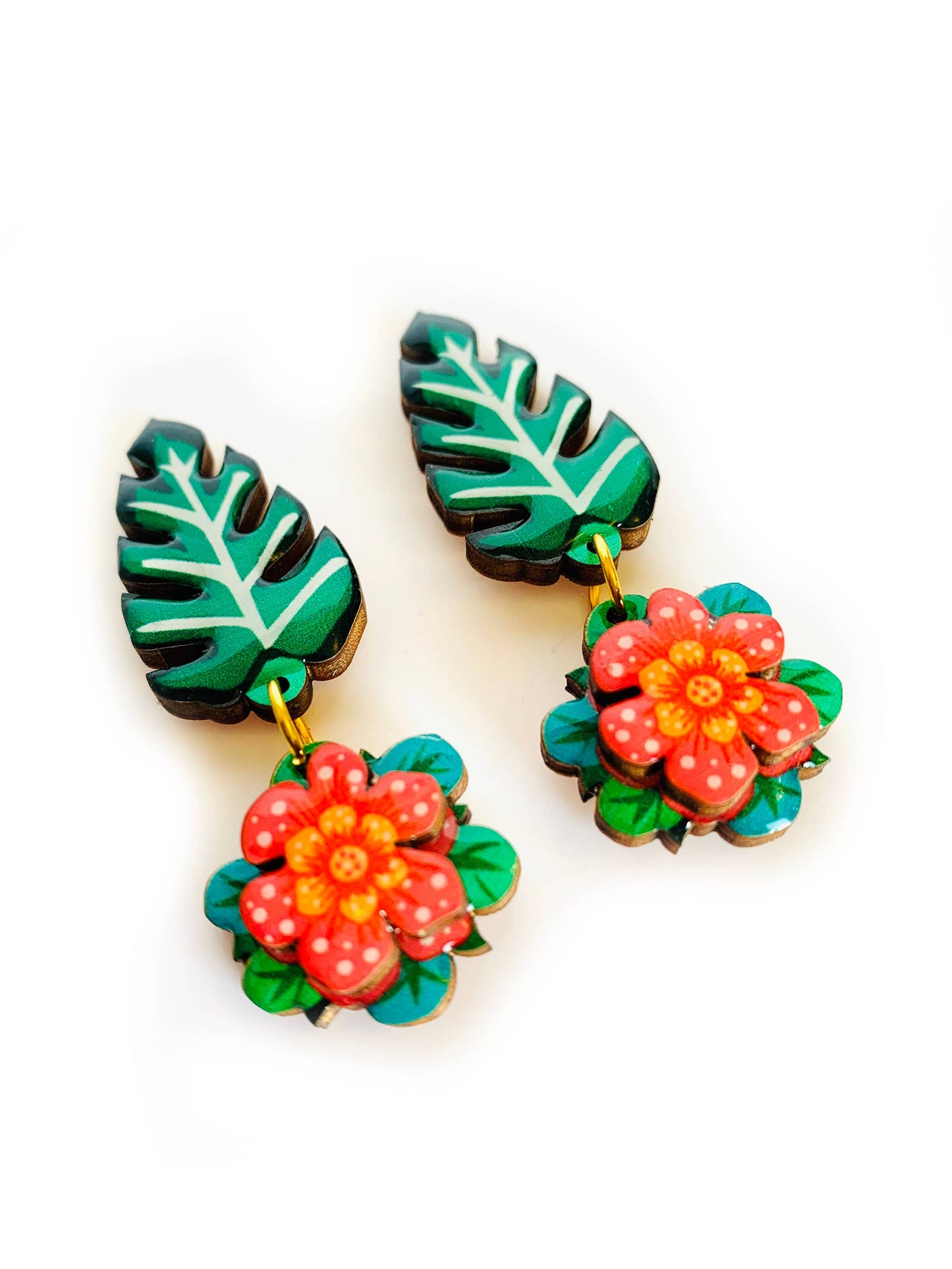 Tropical 3D red flower and drop leaf earrings.