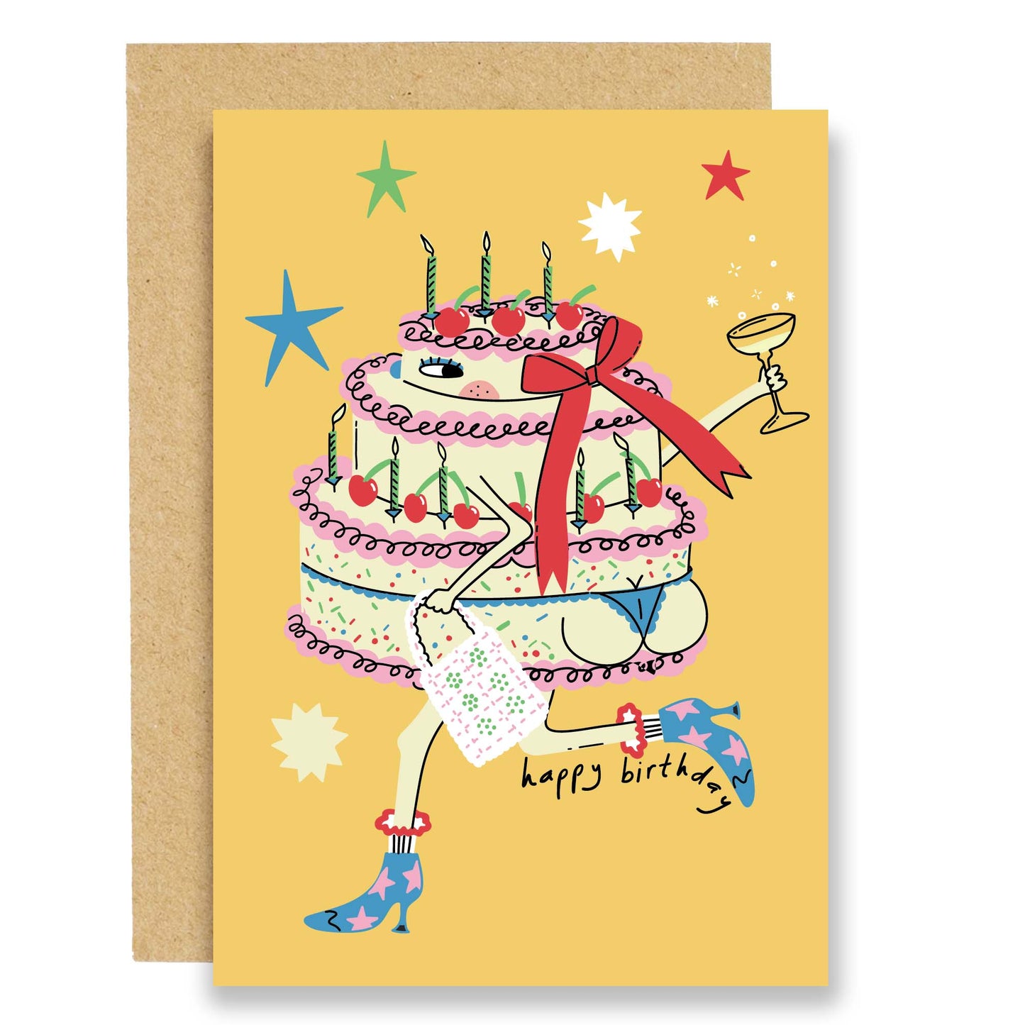 Cute Cake in Boots Birthday Card with Kraft Envelope, Sustainably Sourced Paper