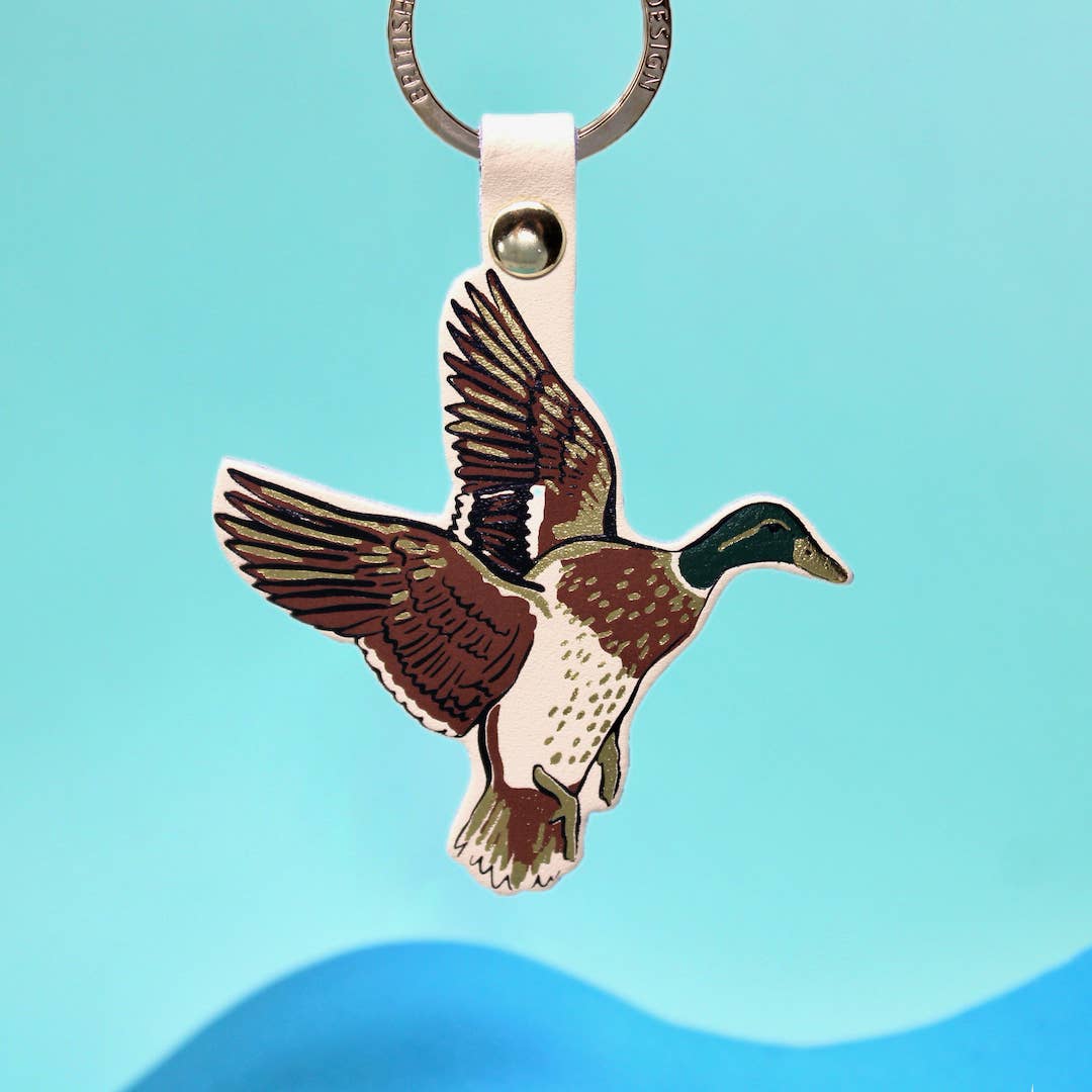 Holy Duck leather key fob with embossed flying duck design and text, British made by Ark Colour Design.