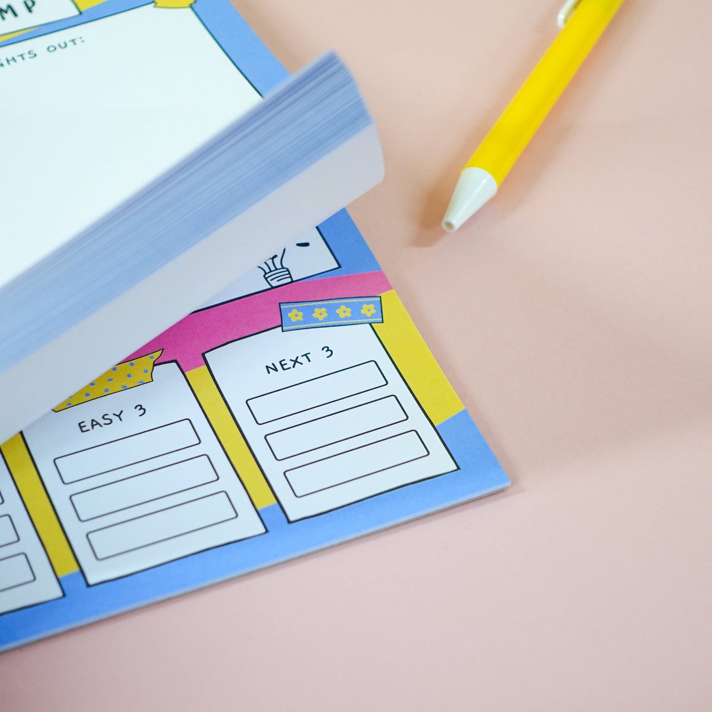 A5 Brain Dump Notepad by Sunshine Lane—lined pages with ‘Top 3’, ‘Easy 3’, ‘Next 3’ tasks section, 120gsm paper.