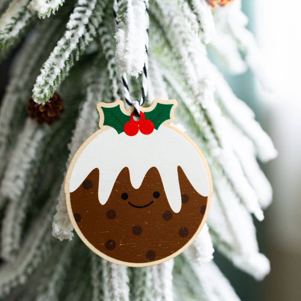 Wooden Christmas pudding Christmas tree decoration made from sustainably certified birch plywood with natural uncoated finish and black & white bakers twine, by Jeff and The Squirrel