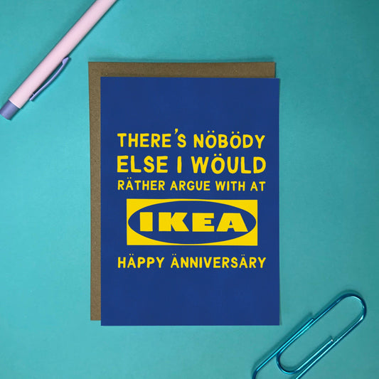 Close-up of Sarcastic Ikea Argument Anniversary Card showing textured 350gsm card stock