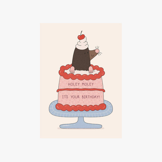Holey Moley It's Your Birthday Greetings Card by Holly Fuller, sustainably sourced 300gsm plastic-free card with kraft envelope, playful birthday greeting, UK made