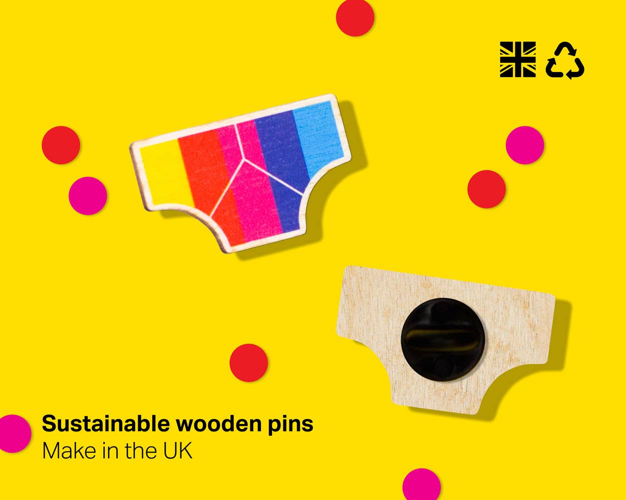 Rainbow Power Pin Badge displayed on recycled backing card, eco-friendly