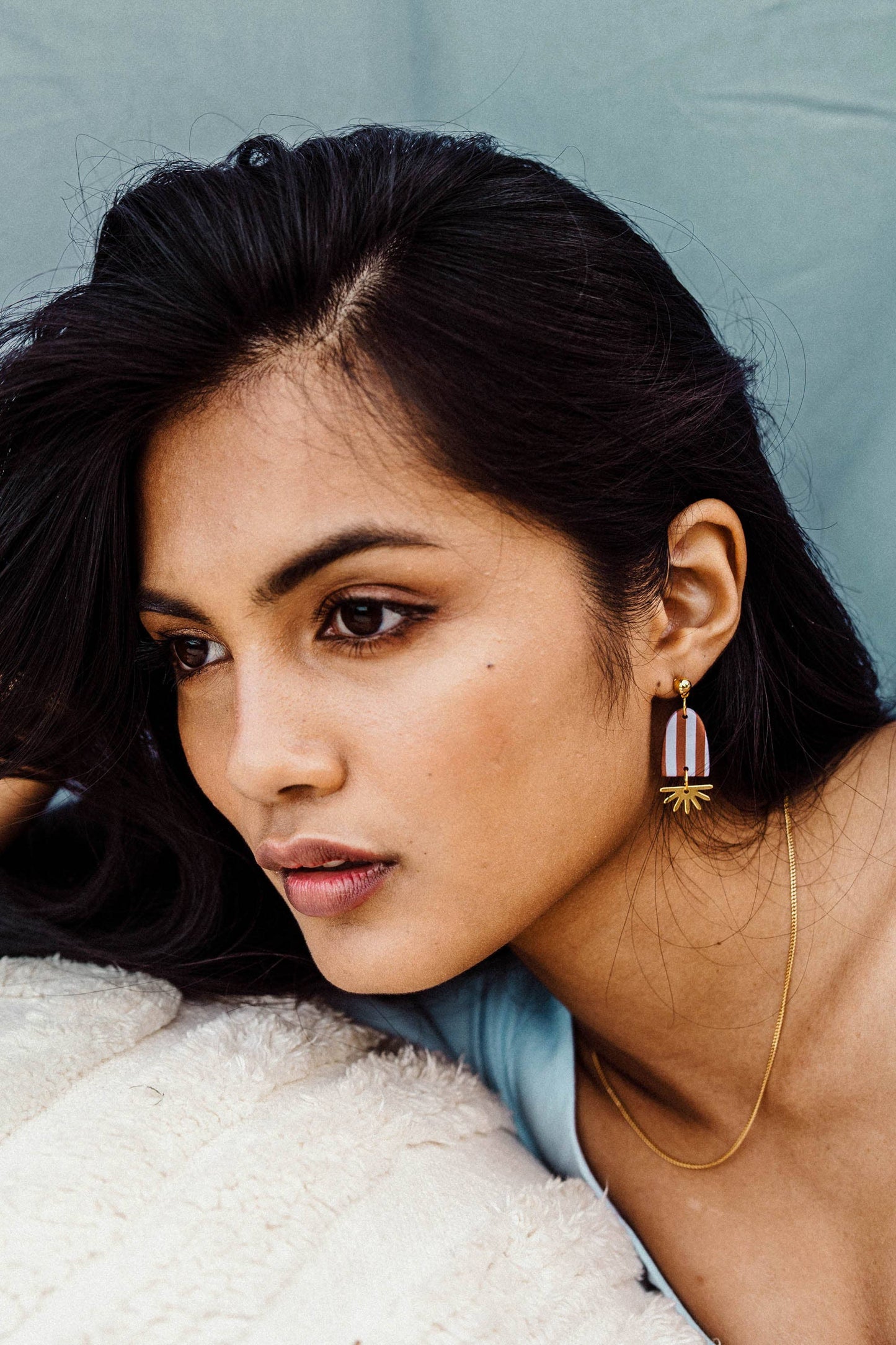 Model wearing Emerald & Apple Green Sunny Stripe Drop Earrings