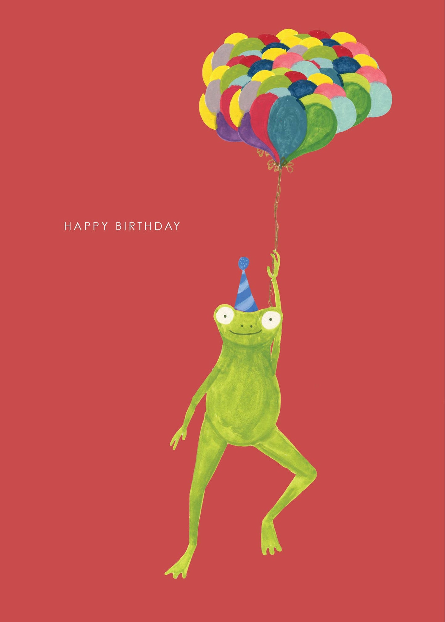 Close-up of 'Frog and Balloons' birthday card design with recycled envelope