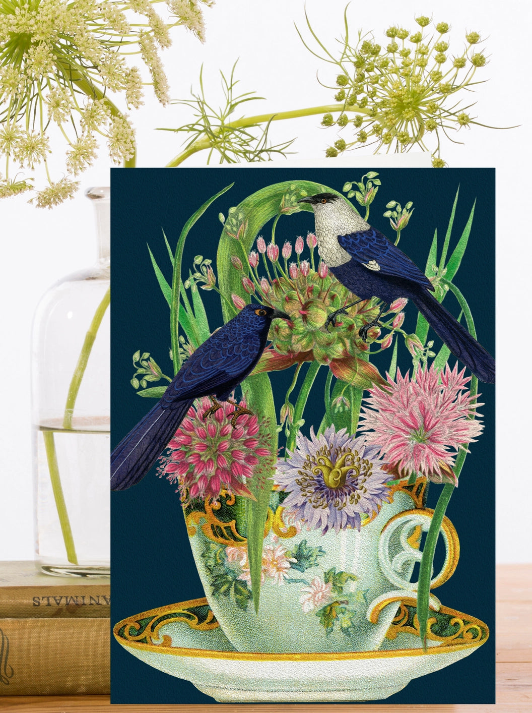 Vintage Porcelain Cup and Birds Birthday Card, design-led vintage collage on sustainably sourced card with recyclable sleeve and ivory envelope, blank inside, 5 x 7 inches