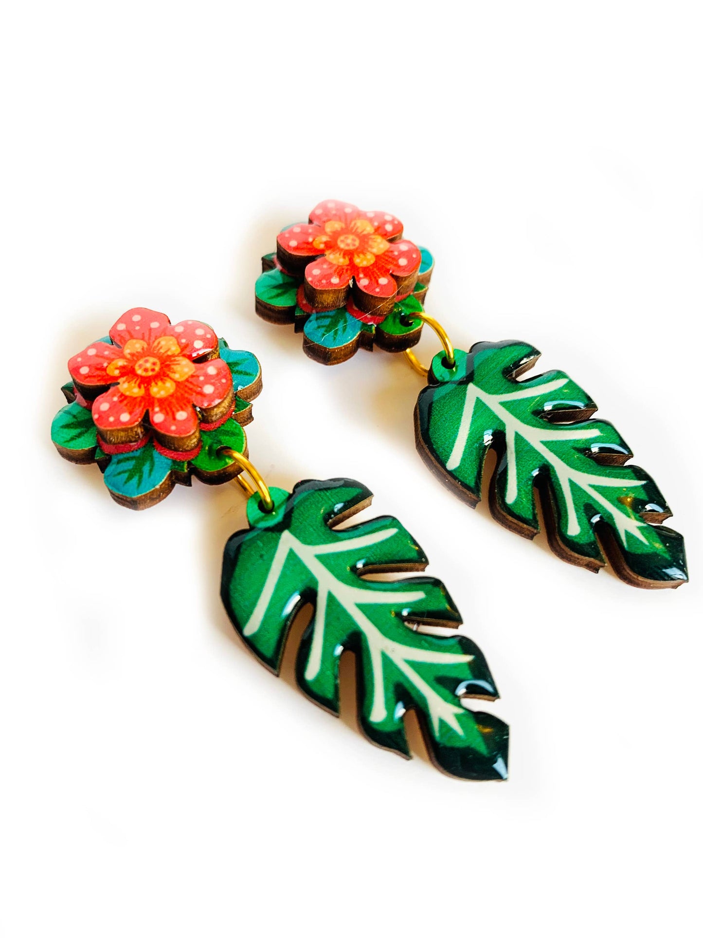 Tropical 3D red flower and drop leaf earrings.