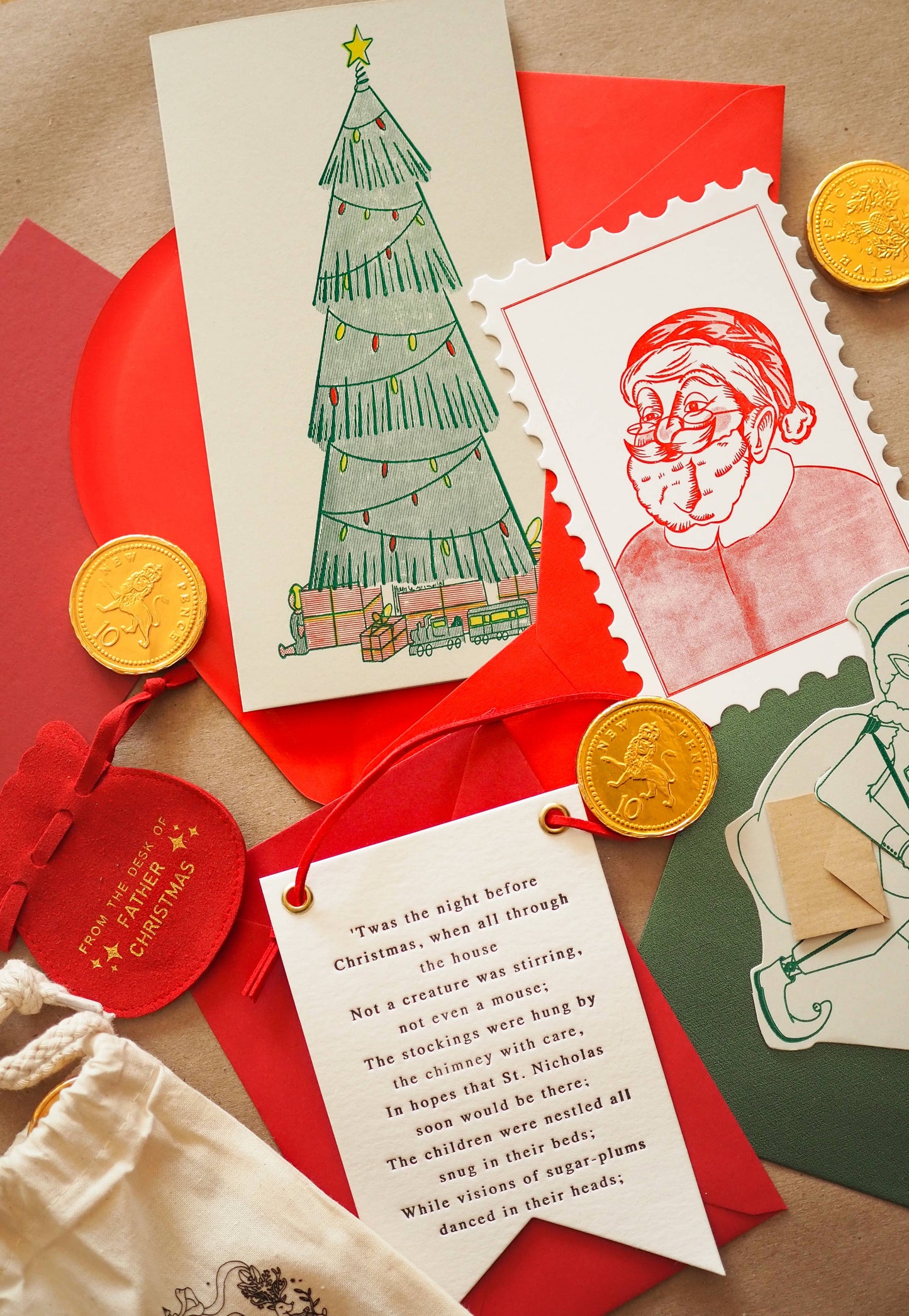 Edgar the Head Elf die cut, green and cream letterpress Christmas card by Soch & Co., mini letter holder, envelope, festive detail.