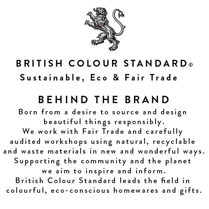 British Colour Standard branding with text about sustainability, eco-friendliness, and fair trade practices.