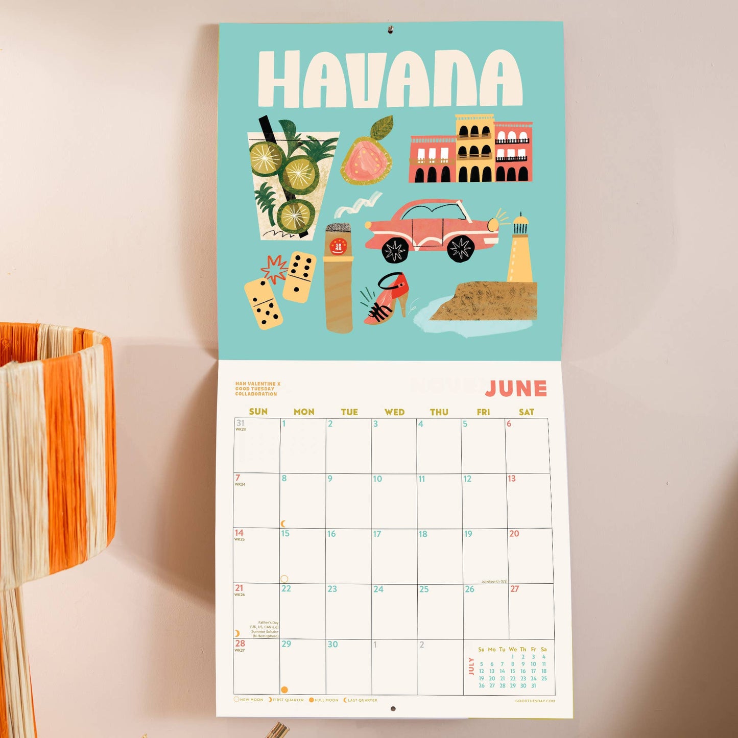 2026 Travel Wall Calendar by Good Tuesday—bold illustrated destinations by Han Valentine, retro colours, large date boxes, 100% recycled paper, UK made.