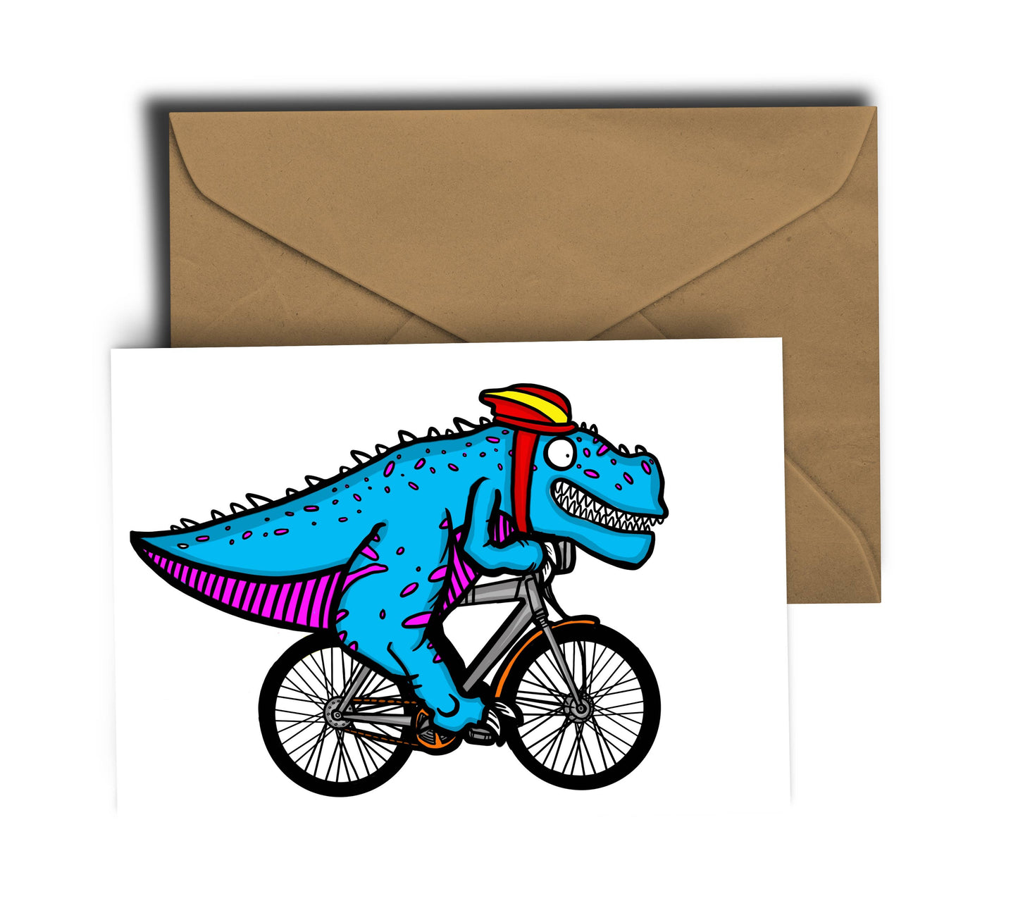Introducing Dixon Does Doodles' fantastic illustrated world with this playful and colourful; T-rex riding a bike Greetings Card. The T-rex is blue and pink, wearing a red and yellow bike helmet. Against a white background.