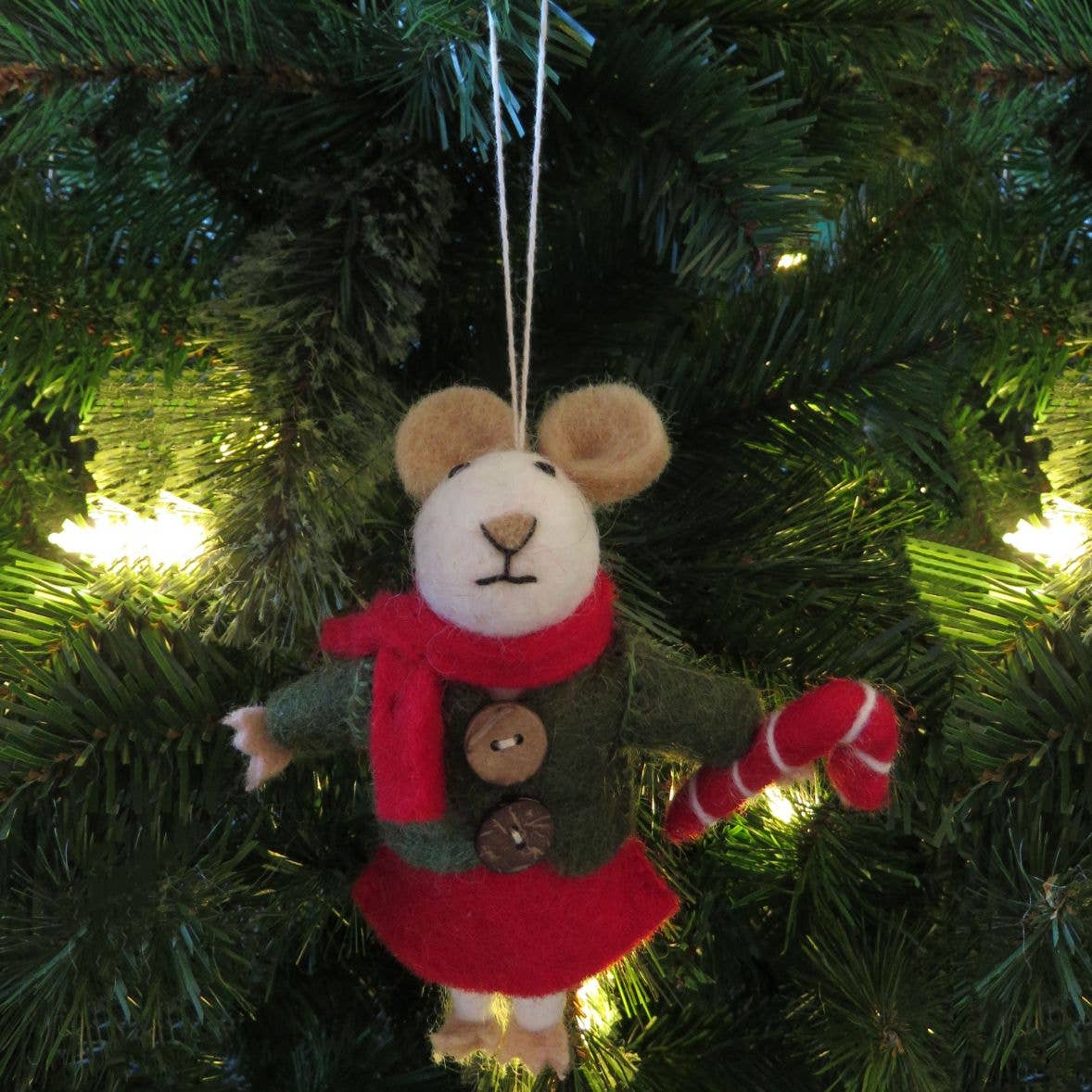 Handmade felt biodegradable Christmas mouse tree hanging by Felt So Good, eco-friendly wool decoration with Christmas outfit and candy cane