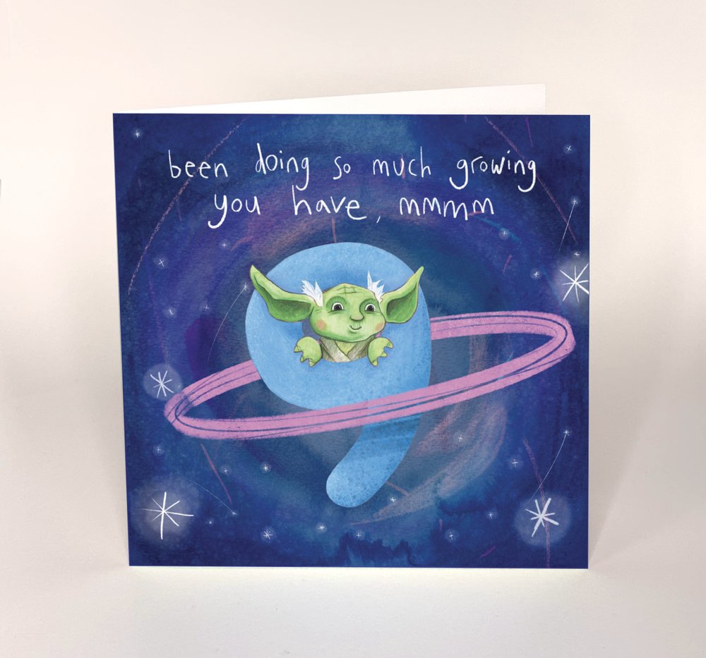 Yoda 9th Birthday Card with 'Been doing so much growing you have, mmmm' quote. Sustainable Star Wars greeting card, printed in the UK.