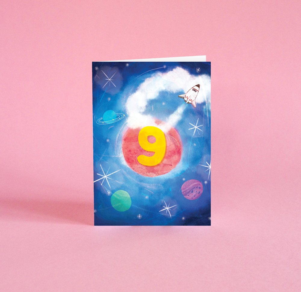 Inside view of the blank 9th birthday Space Cadets card, showing the Callisto Diamond White paper texture.