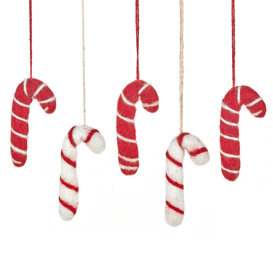Handmade red and white needle felted candy canes hanging ornaments