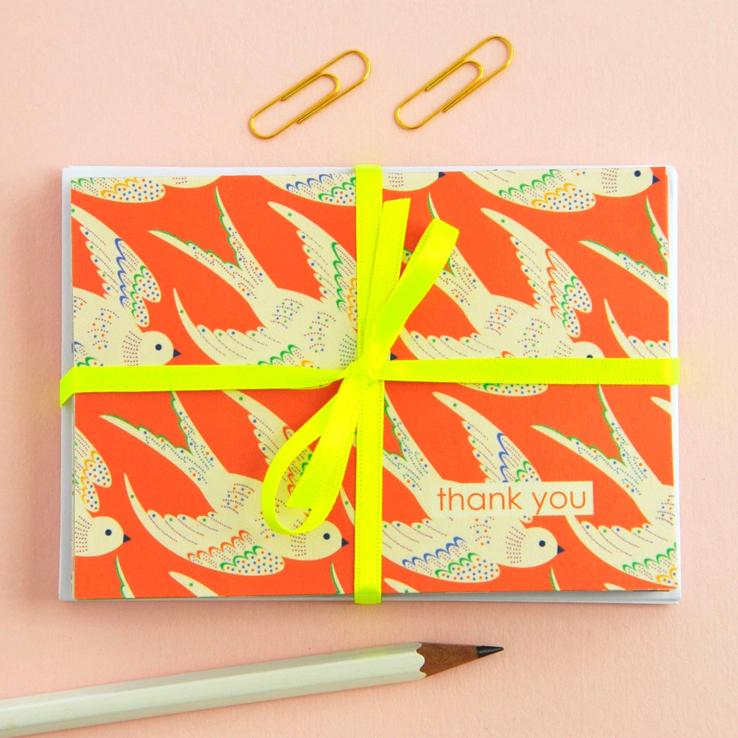 Pack of 8 bird-themed thank you notecards, each with a different illustration, printed on UK-made 350gsm matt card with envelopes included.