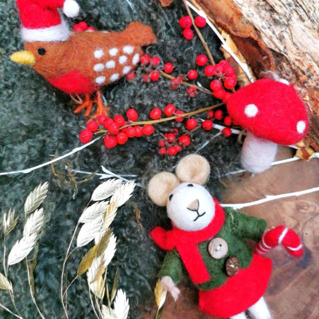 Handmade felt biodegradable Christmas mouse tree hanging by Felt So Good, eco-friendly wool decoration with Christmas outfit and candy cane