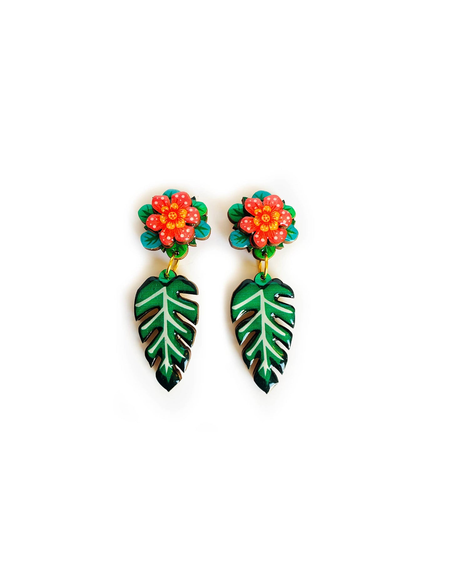 Tropical 3D red flower and drop leaf earrings.
