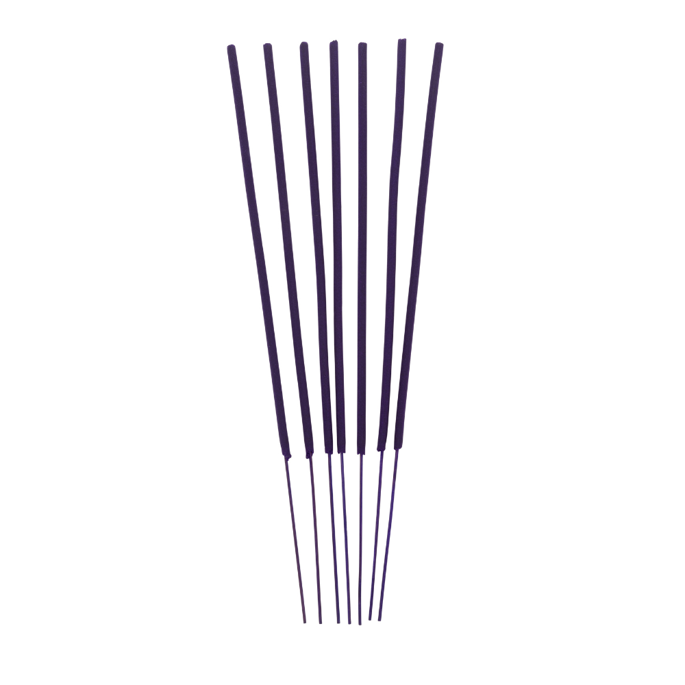 Psychadelic Dreams incense sticks featuring hand-dipped bamboo coated in tree powder, fragranced with violet, pink pepper, and orange blossom; artwork by Laura Tregellas.