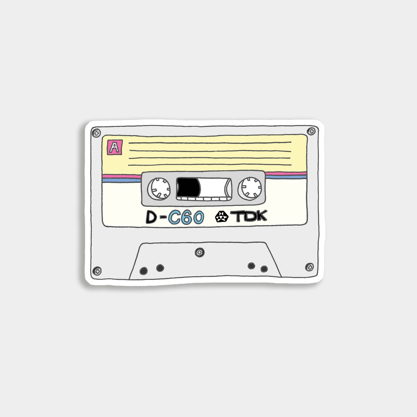 Hand-drawn pastel cassette tape vinyl sticker, celebrating retro 80s and 90s mixtape nostalgia—perfect for laptops, water bottles, and record players.