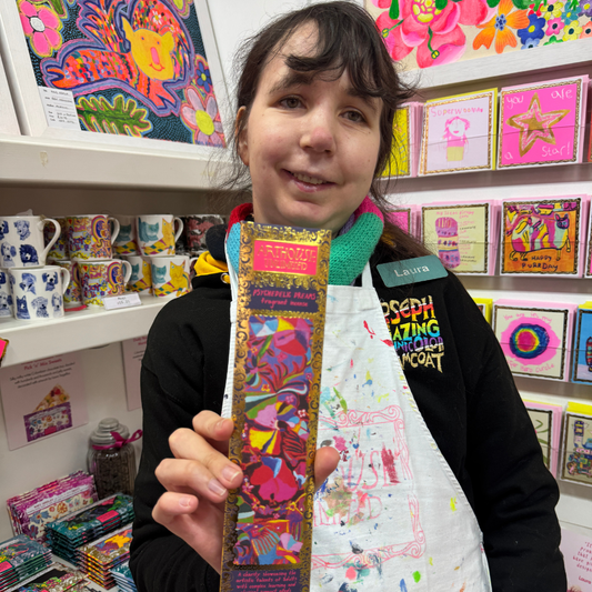 Psychedelic Dreams Incense Sticks, hand-dipped bamboo with violet, pink pepper & orange blossom scent, featuring Laura Tregellas artwork.