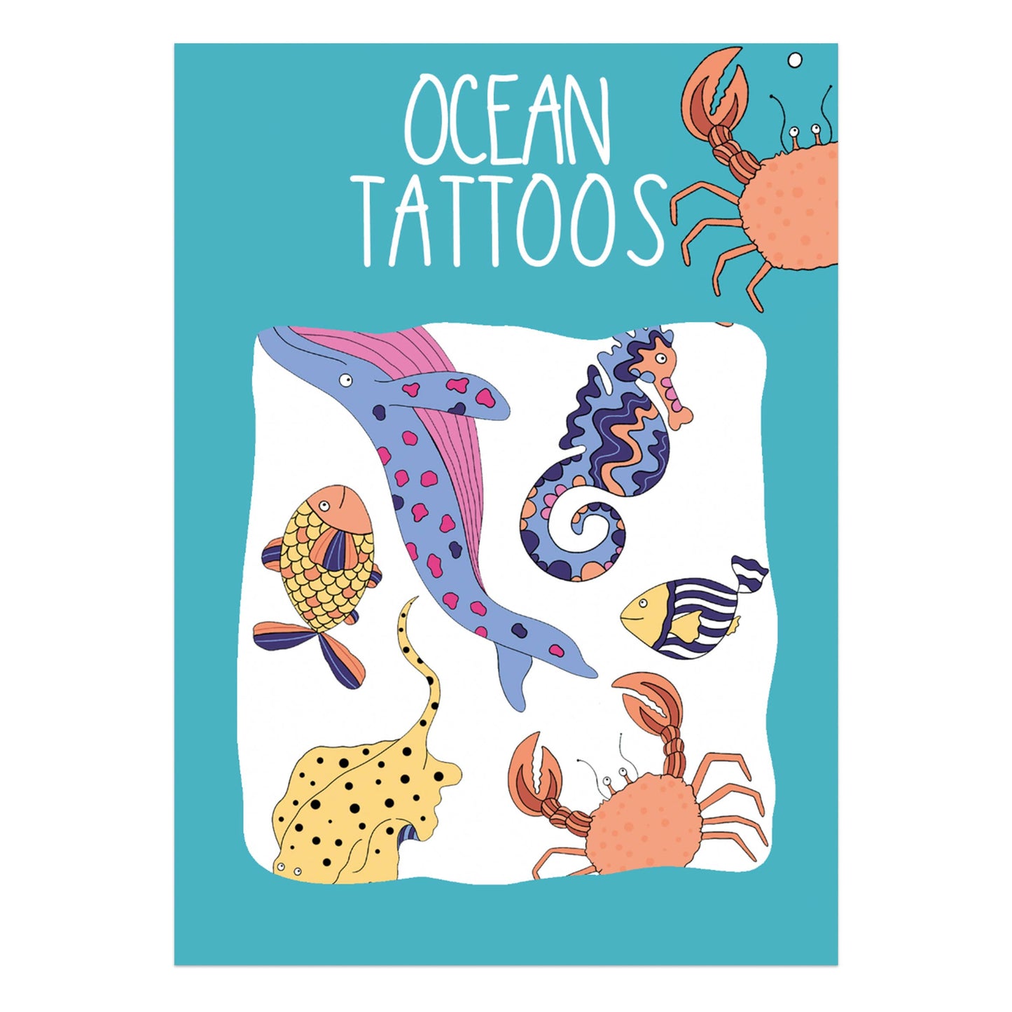 Vibrant Ocean Transfer Tattoos packaging with colourful fish, whale, seahorse, and crab illustrations. UK-made temporary tattoos.
