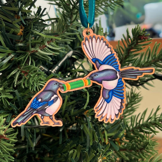 Handmade UK Magpie ornament with 24K gold-plated ring and dark teal velvet ribbon