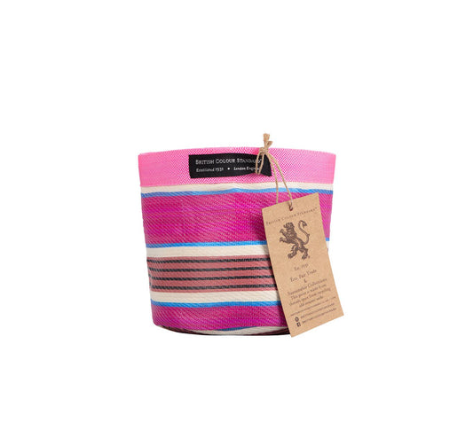 Close-up of Eco Woven Plant Pot Cover showcasing Neyron Pink, Pompadour & Pearl stripes and recycled material texture.