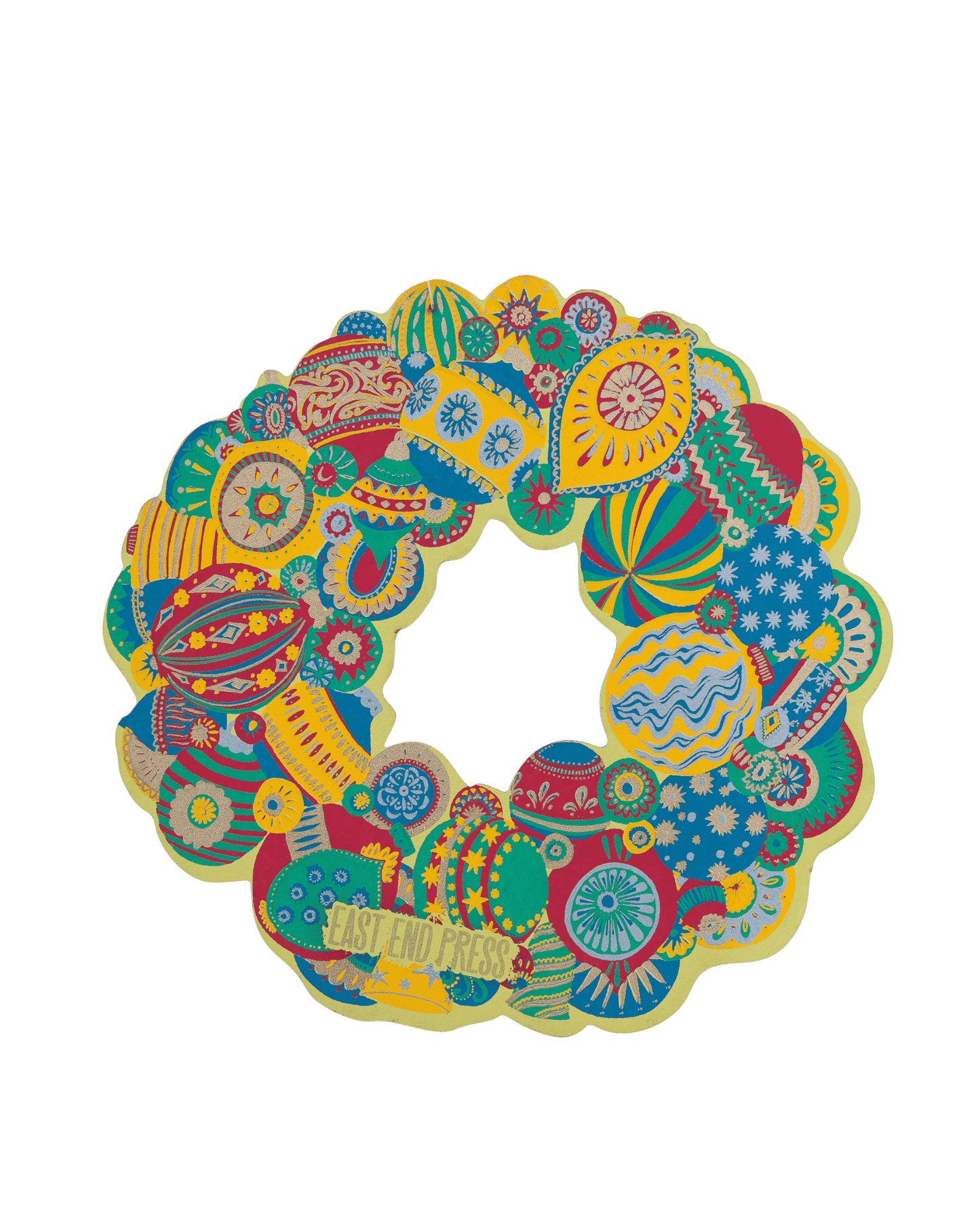 Hand-printed Colourful Bauble Cotton Board Wreath by East End Press with hanging loop, sustainable ornament