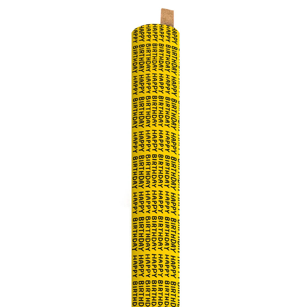 Celebrate birthdays in style with our Happy Birthday Repeat Roll Wrap Yellow background with HAPPY BIRTHDAY in black font repeated.