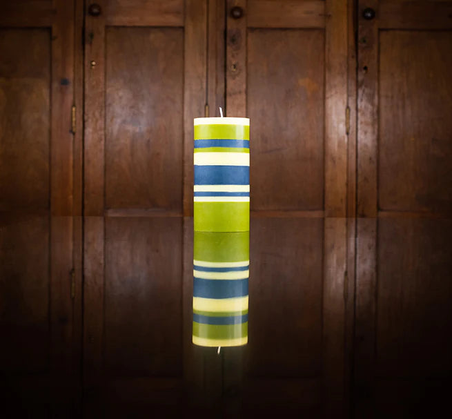 Striped Eco Pillar Candle - Olive, Indigo and Jasmine