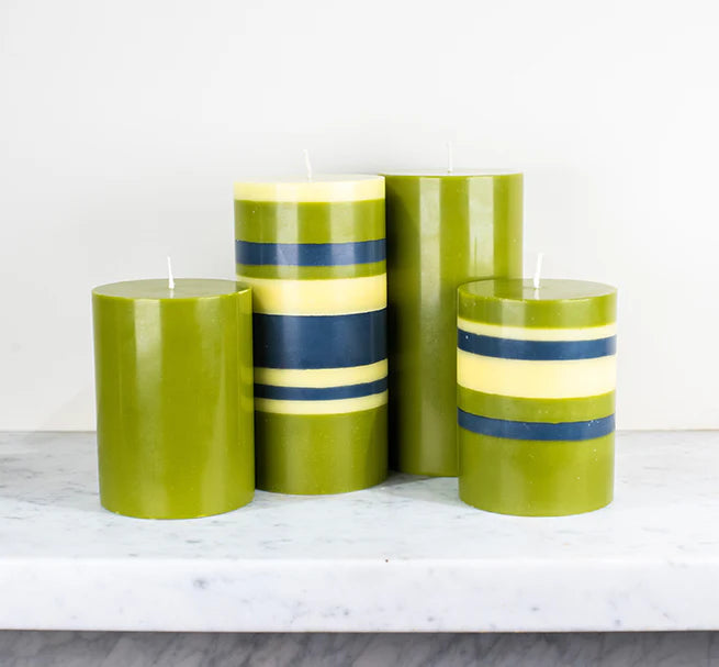 Striped Eco Pillar Candle - Olive, Indigo and Jasmine