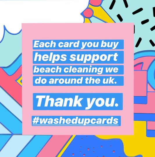 Hand holding a Washed Up Card with recycled brown envelope, showcasing eco-friendly design