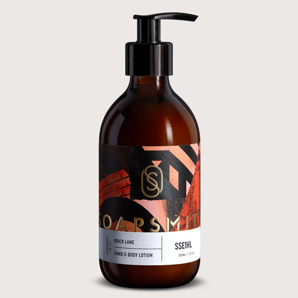 Brick Lane Hand and Body Lotion. Handwash. In an amber glass bottle with pump.