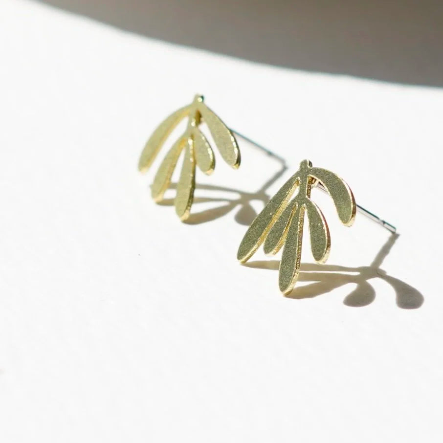 Delicate botanical brass leaf stud earrings from Copper Bee, hypoallergenic stainless steel posts, intricate laser-cut design, lightweight handmade UK jewellery.