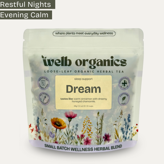 Dream, sleep tea welb organics loose-leaf organic herbal tea package with floral design on a white background.