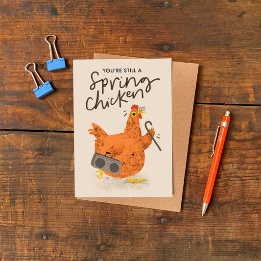 Close-up of Emily Nash 'Still a Spring Chicken' A6 card, showing matte finish and illustration detail