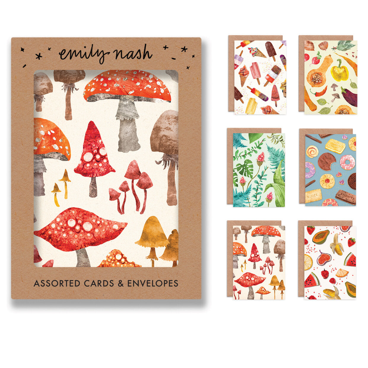 Emily Nash illustrated greeting card multipack with six assorted designs in a plastic free, sustainably certified box
