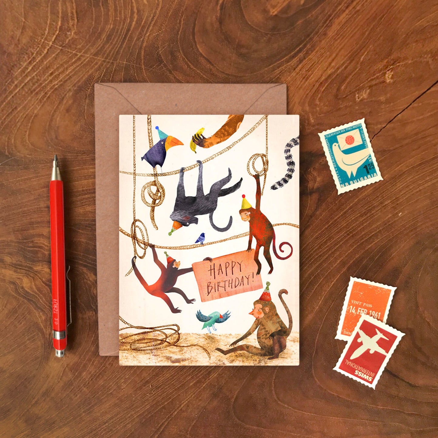 Happy Birthday Monkeys greeting card by Emily Nash with recycled kraft envelope, sustainably certified card