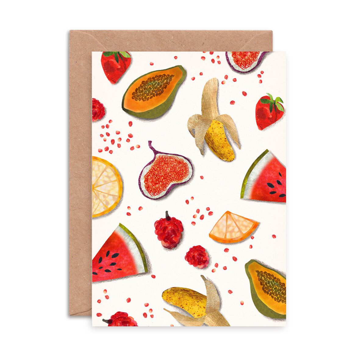 Greeting card with colorful fruit illustrations on a white background