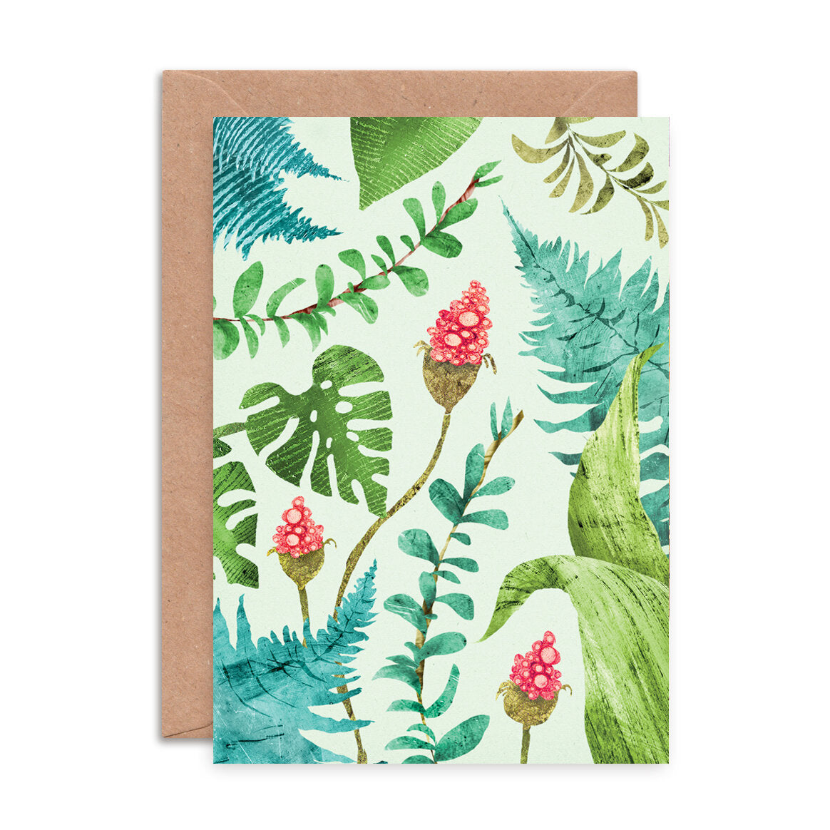 Greeting card with tropical leaf and flower design on a white background