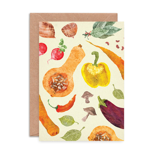 A6 greeting card with vibrant vegetable pattern and 100% recycled brown kraft envelope
