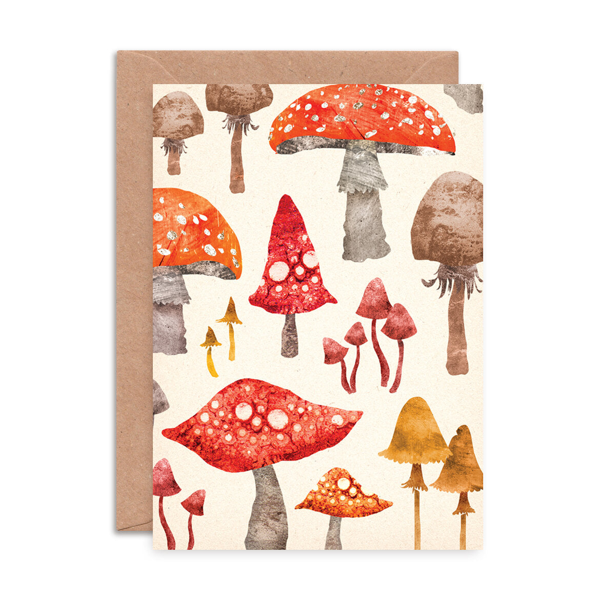 Emily Nash toadstool pattern greeting card with recycled kraft envelope, sustainably certified