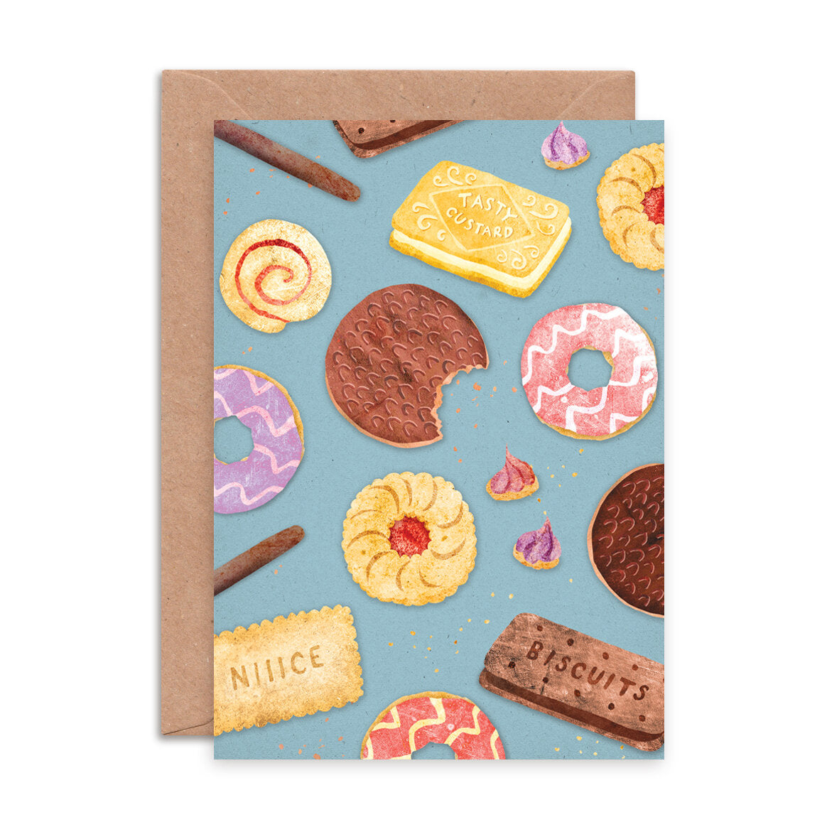 Greeting card with colorful illustrations of cookies and biscuits on a blue background